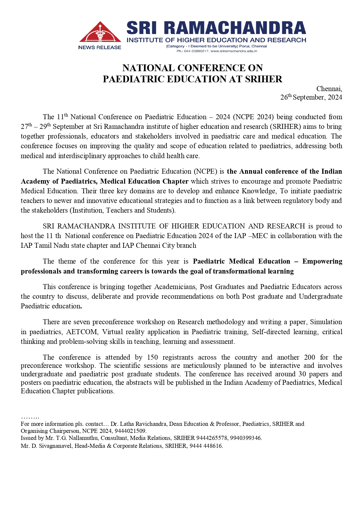 National conference on paediatric education at SRIHER